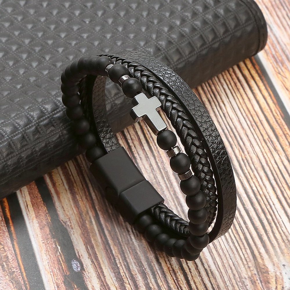 Men's Cross Leather Braided Natural Obsidian Stone Bracelet Cuff Bracelet Bangle